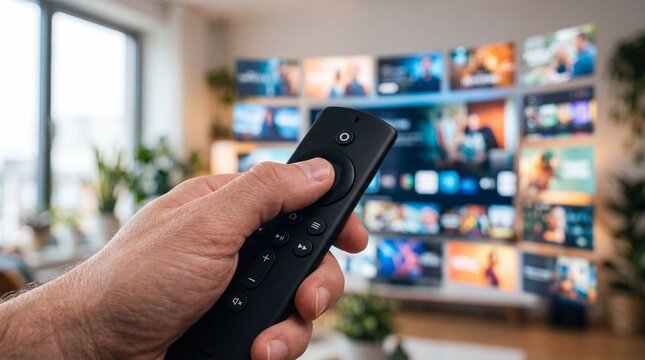 Casual viewer holding black remote control toward large smart television screen. Person browsing digital entertainment catalog on video streaming service at home.
