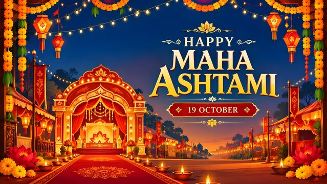 Happy Maha Ashtami festival banner with illuminated pandal entrance string lights lanterns and diya lamps