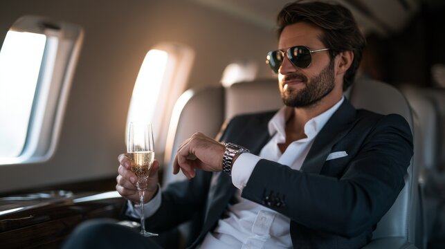 Man in suit enjoying champagne on private jet