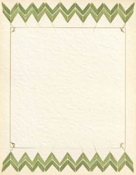 Japanese yagasuri arrow feather border in moss green on ivory paper, blank centre with copy space