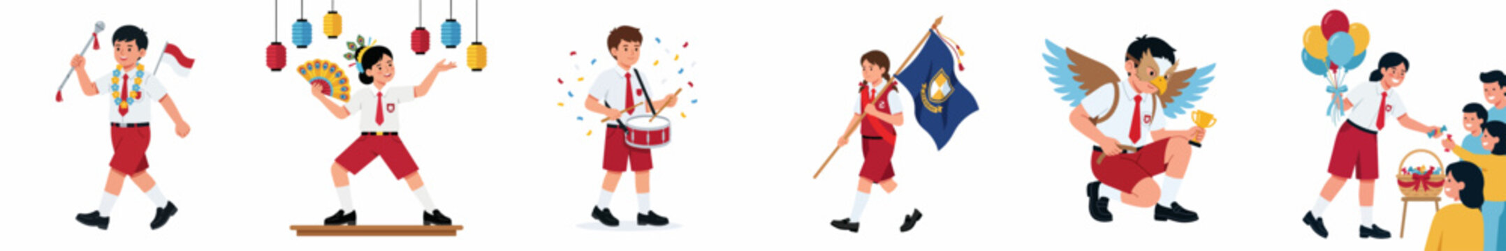 Indonesian Elementary School Students in Red and White Uniforms Celebrating National Independence Day with Parade, Dance, and Music Illustrations.