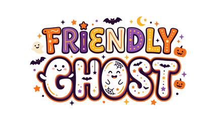 Fototapeta premium Friendly Ghost typography design with cute Halloween elements and festive decorations.