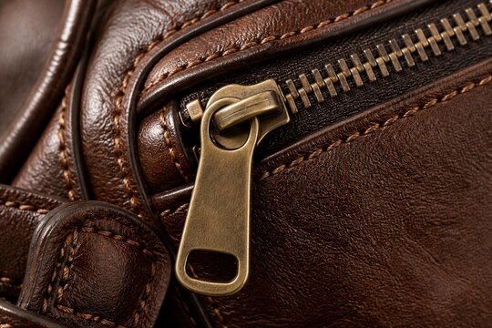 Leather bag zipper pull showing metal slider and stitched detail