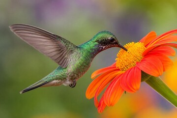 Obraz premium Hummingbird feeding from orange flower in garden closeup