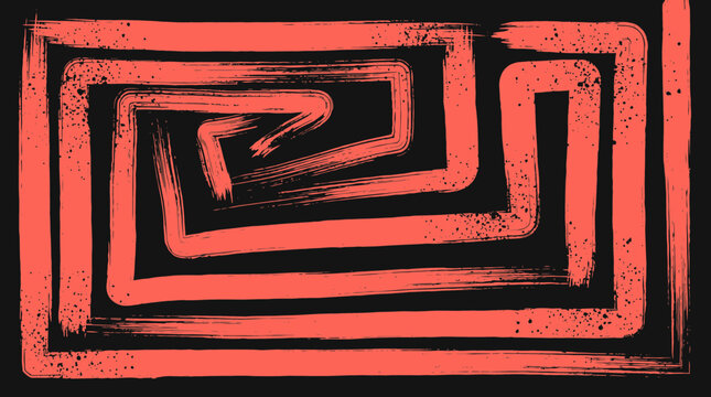 Red abstract labyrinth or maze pattern painted with brush strokes on a black textured background