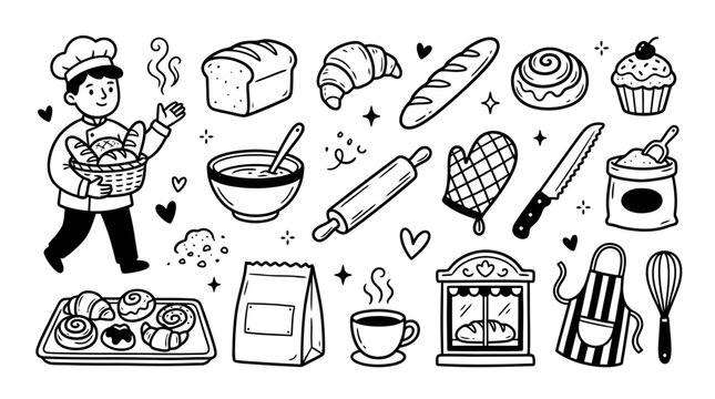 Hand drawn doodle collection of bakery items, chef, bread, croissant, and baking tools in black and white