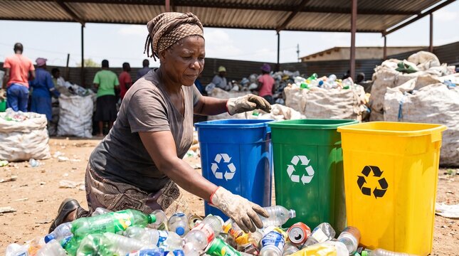 Woman sorting plastic bottles into recycling bins at a waste management facility.