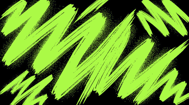 Neon green brush strokes and zigzag abstract graffiti pattern on a dark black background