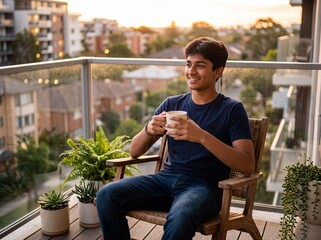 Obraz premium Young male drinking beverage on a modern balcony