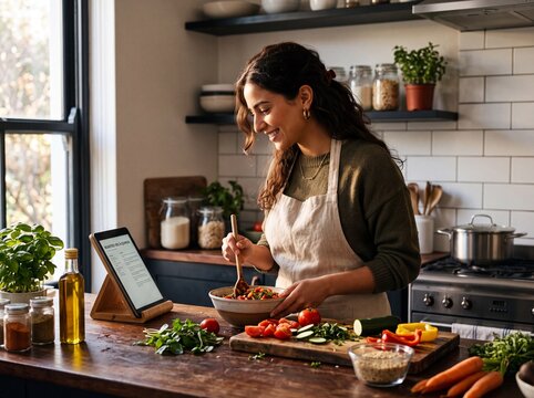 Woman reading food recipe on digital tablet screen
