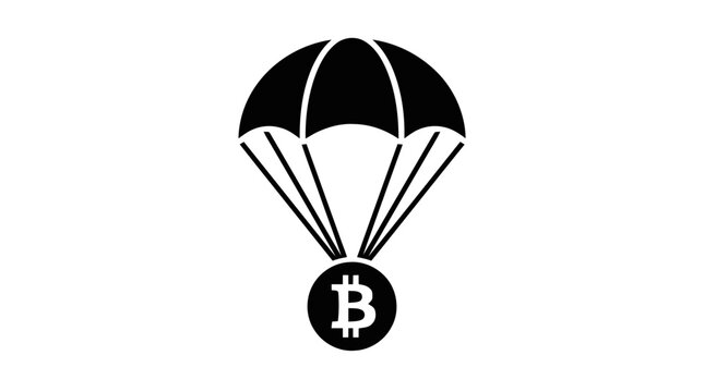 Vector illustration of bitcoin falling with parachute, gear mechanism, and nuclear explosion icons on a transparent background