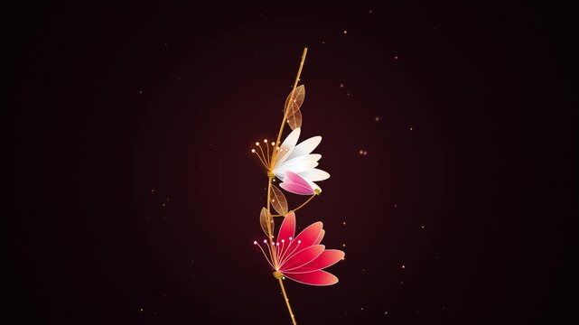 Elegant gold branch with blooming red and white lotus flowers on dark background with particles