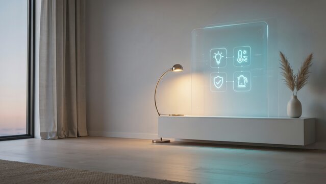 Modern living room interior featuring a holographic smart home control panel interface on a wall shelf