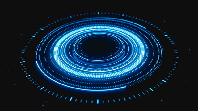 A glowing blue futuristic tech interface with concentric light circles, set against a dark background, representing digital technology and data visualization.
