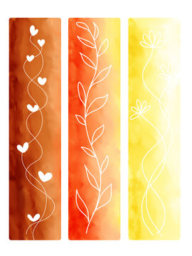 Soft watercolor vertical divider, white line leaf heart pattern