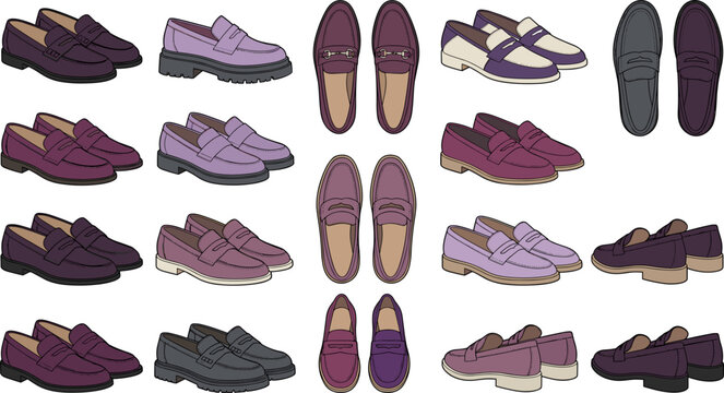Men slip on penny loafers and elegant casual leather shoes vector illustration set featuring flat cartoon sketches of purple violet and charcoal gentleman dress footwear templates