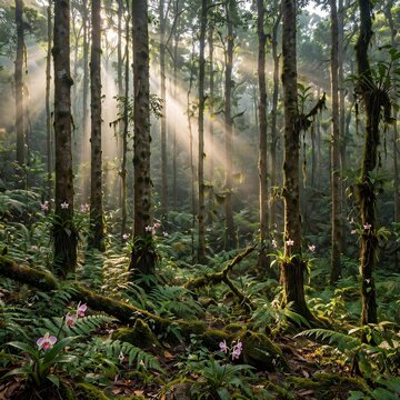 Sunlight rays through dense jungle of Mahananda Wildlife Sanctuary, Siliguri misty tropical forest with tall sal trees