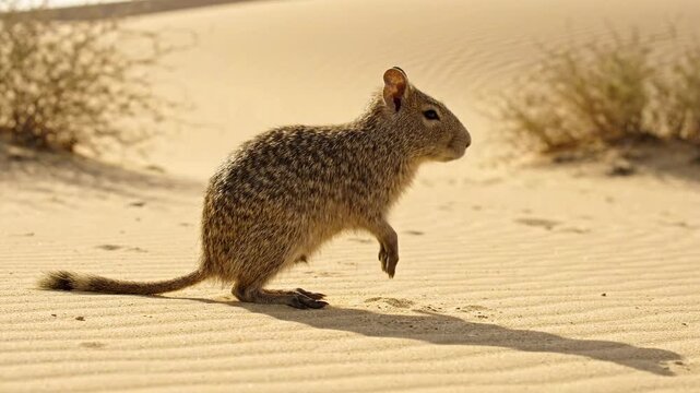 Small desert rodent jumping and standing on sunny sand dunes