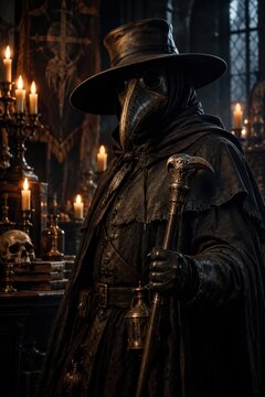 A historical depiction of a plague doctor in a dimly lit chamber
