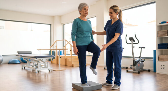 Senior woman performing a single leg stance on a grey foam balance pad assisted by a female physical therapist in blue scrubs.