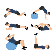 Fototapeta premium Six Core Strength Exercises for Full Body Fitness Workout. Flat vector illustration isolated on white background