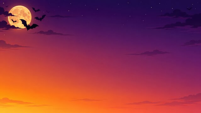 Spooky Halloween night sky with full moon and bats flying across, gradient purple and orange background