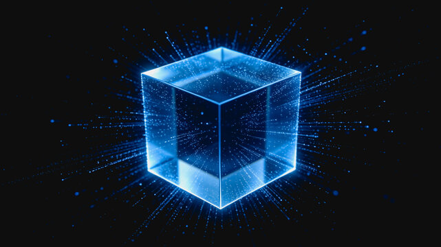 A glowing transparent 3D cube with radiating blue light particles, representing digital technology and data concepts.
