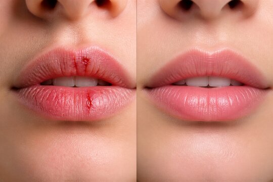 Closeup lips showing cracked injury and healed comparison