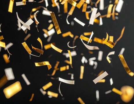 Gold and white confetti falling on a dark background, celebration backdrop with copy space