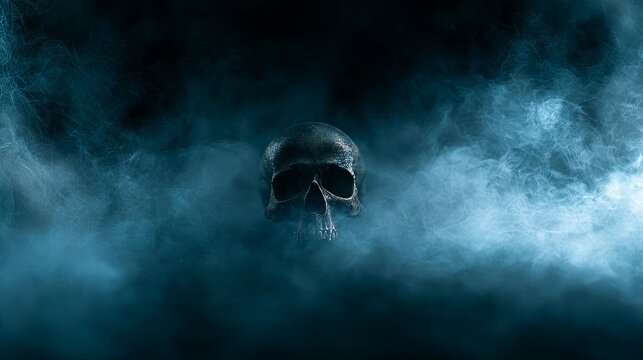 Skull emerging through dark fog in eerie atmosphere
