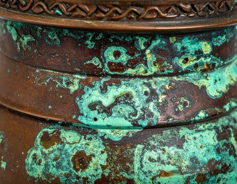 Antique copper vessel with blue green verdigris patina, close up detail with copy space