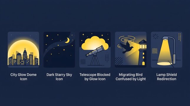 Light pollution awareness icons set, city glow dome and dark starry sky illustrations, telescope blocked by glow and migrating bird confused by light