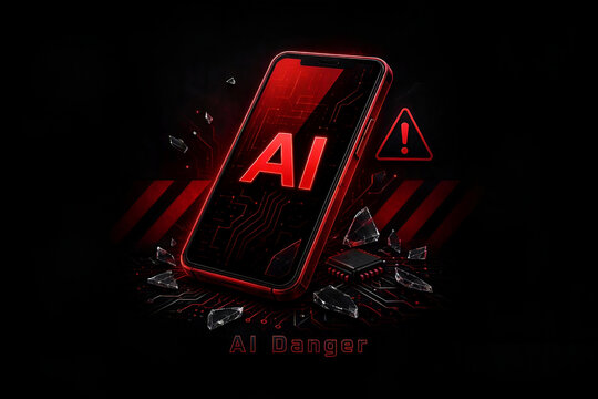Artificial intelligence system failure and cyber attack concept with damaged glowing red phone. Red smartphone with cracked screen showing AI Danger alert and red circuit grid on dark background