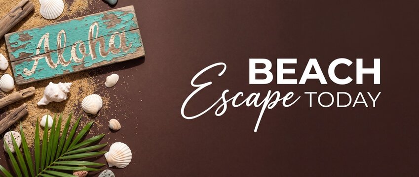 Aloha beach wooden sign seashells tropical flat lay with sand palm leaf and driftwood on brown background for summer vacation travel escape concept template banner design with typography and copy spac