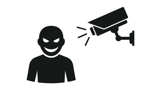 Sinister criminal silhouette standing beside black security camera recording footage on a simple white background