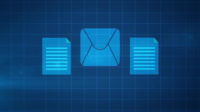 Email Envelope and Documents Transfer Animation on Blue Grid