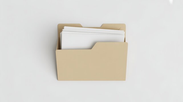 Open beige file folder top view isolated. Document organization mockup template.