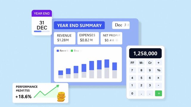 Year-End Summary Financial Dashboard with Calculator and Charts animation 4k.