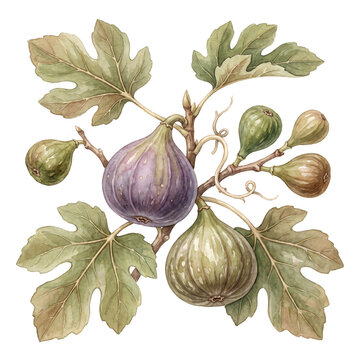 Vintage watercolor fig branch with ripe purple and green fruits.