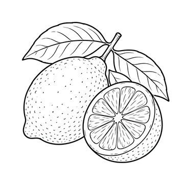 Fresh lemon fruit with leaves and slice coloring page, black and white line art vector