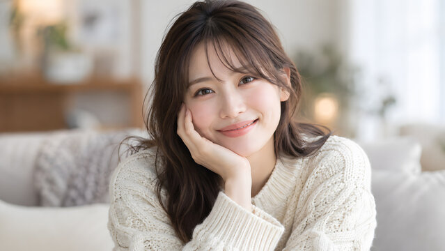 白いセーターで頬杖をつき微笑む若い日本人女性