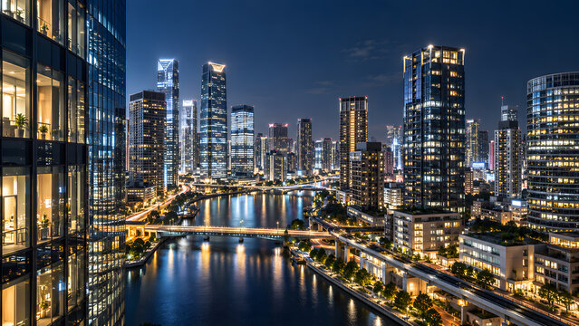 水辺に高層ビルが立ち並ぶ近未来的な都市の夜景