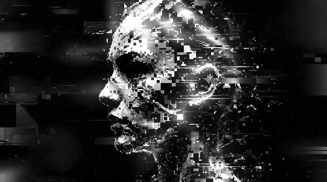 Digital disintegration of a human face into glitching data streams and abstract patterns