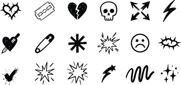 Hand Drawn Black and White Doodle Elements Collection with Hearts, Skull and Lightning