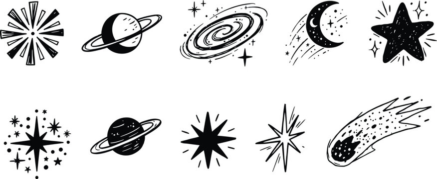 Hand Drawn Cosmic Doodle Elements Collection with Stars, Planets and Shooting Star