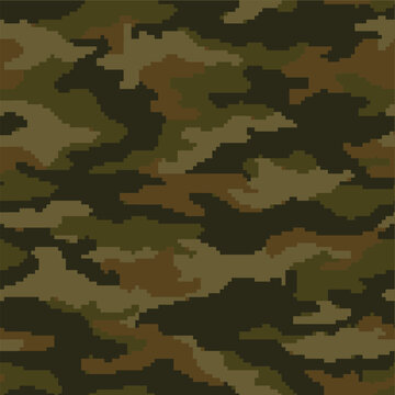 Seamless Dark Army Pixelated Camouflage Pattern Vector Texture In Olive Green And Deep Brown Tones