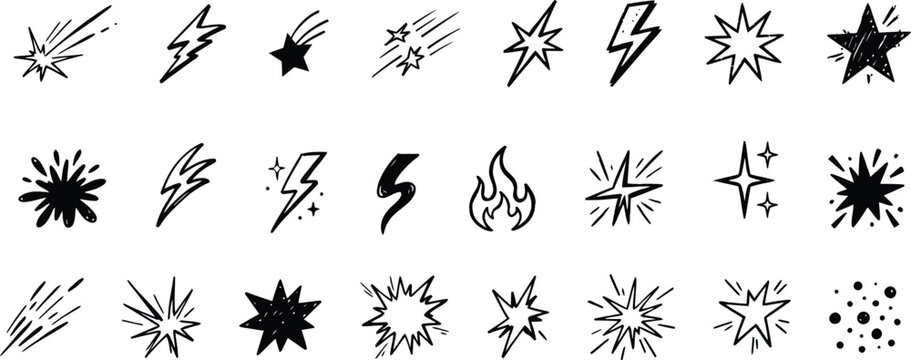 Hand Drawn Comic Doodle Elements Collection with Lightning, Stars, Bursts and Spark Effects