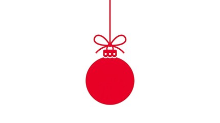 Red christmas ornament with a decorative bow hanging against a plain white background with graphic illustration style hangs vertically