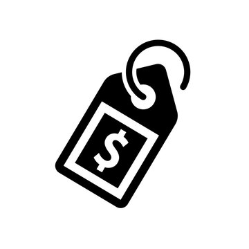 Simple flat black price tag icon featuring a dollar sign symbol representing cost and retail commerce for digital interface design applications