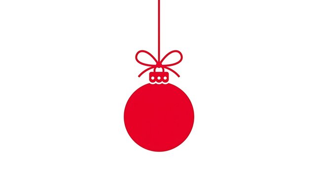 Red christmas ornament with a decorative bow hanging against a plain white background with graphic illustration style hangs vertically